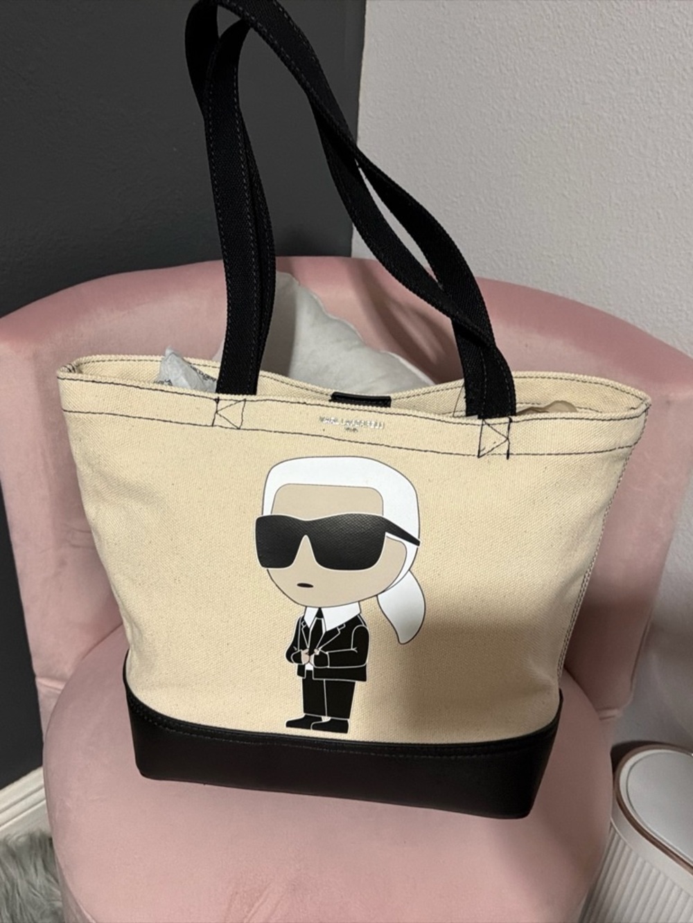 Karl Lagerfeld Cream Canvas Tote with Black Trim and Character Graphic